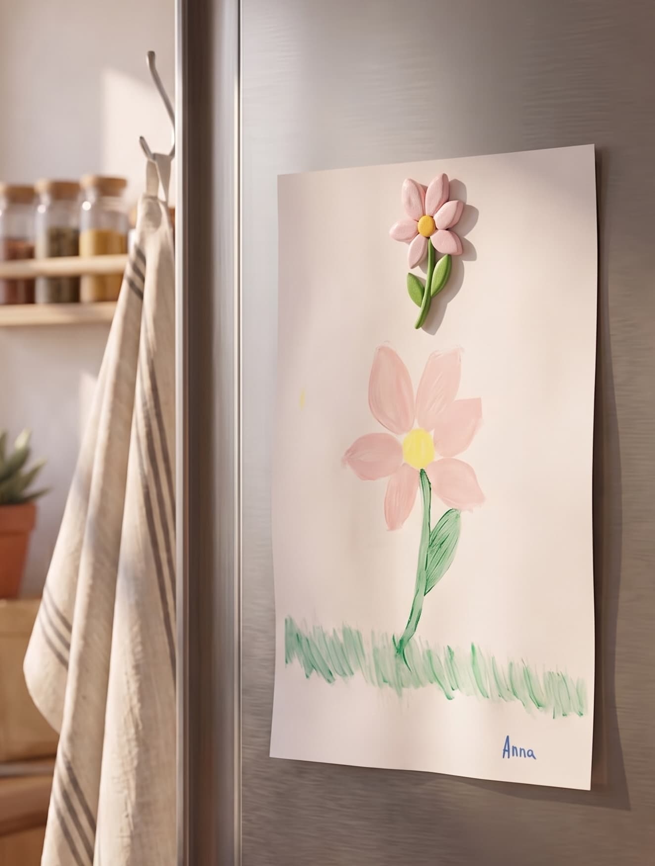 Le dessin original d'une fleur, avec juste au-dessus son magnet en relief 3D, collé sur un frigo