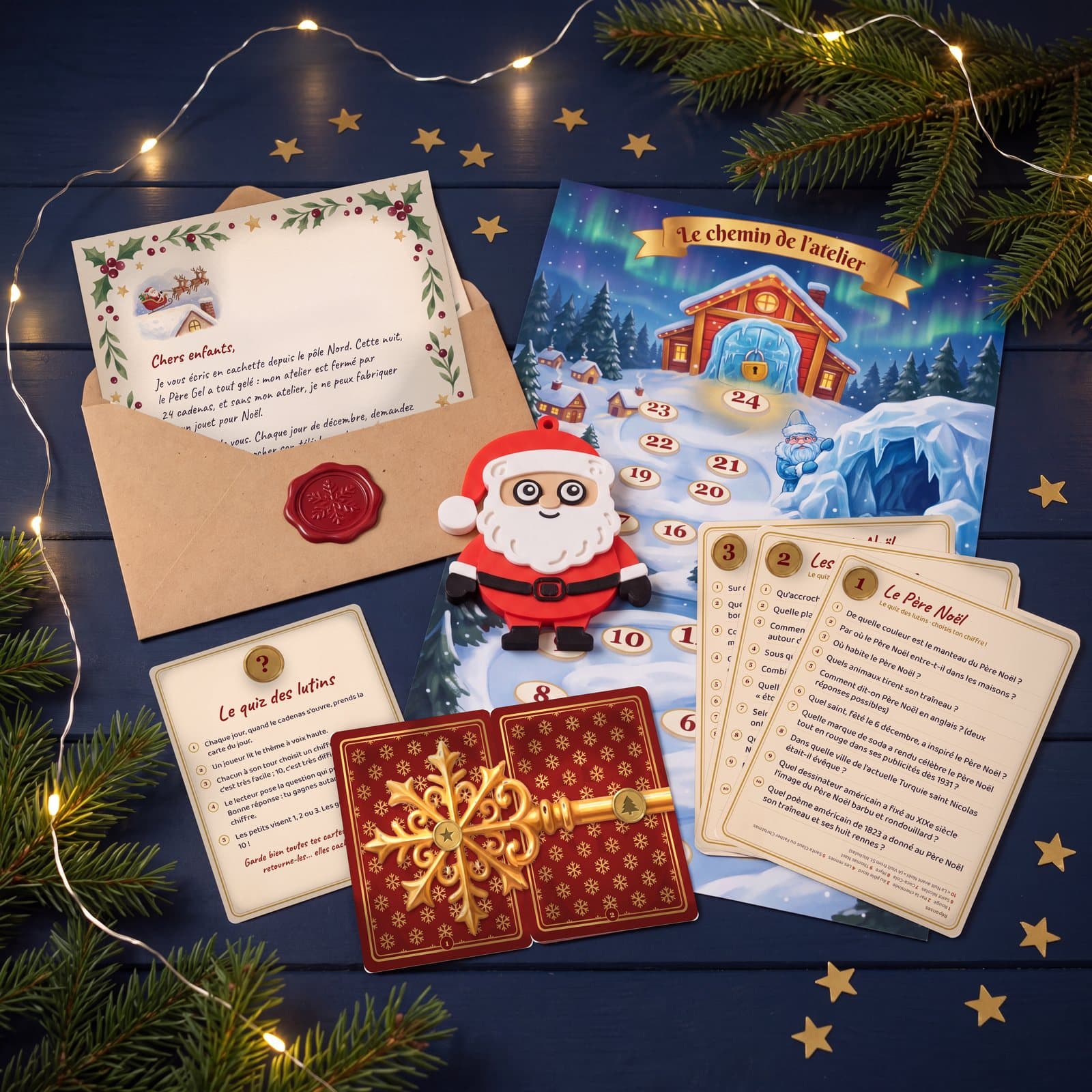 Le kit de l'escape game étalé sur une table : le Père Noël en relief, sa lettre dans une enveloppe kraft, le plan du chemin de l'atelier, des cartes quiz et deux cartes dont le dos forme une clé dorée
