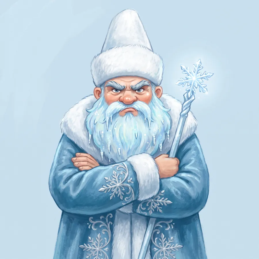 Le Père Gel, longue barbe givrée et manteau bleu glacier, les bras croisés