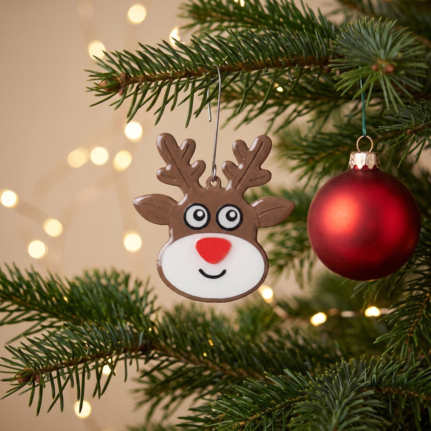 Le magnet Rennifleur accroché dans le sapin, à côté d'une boule rouge