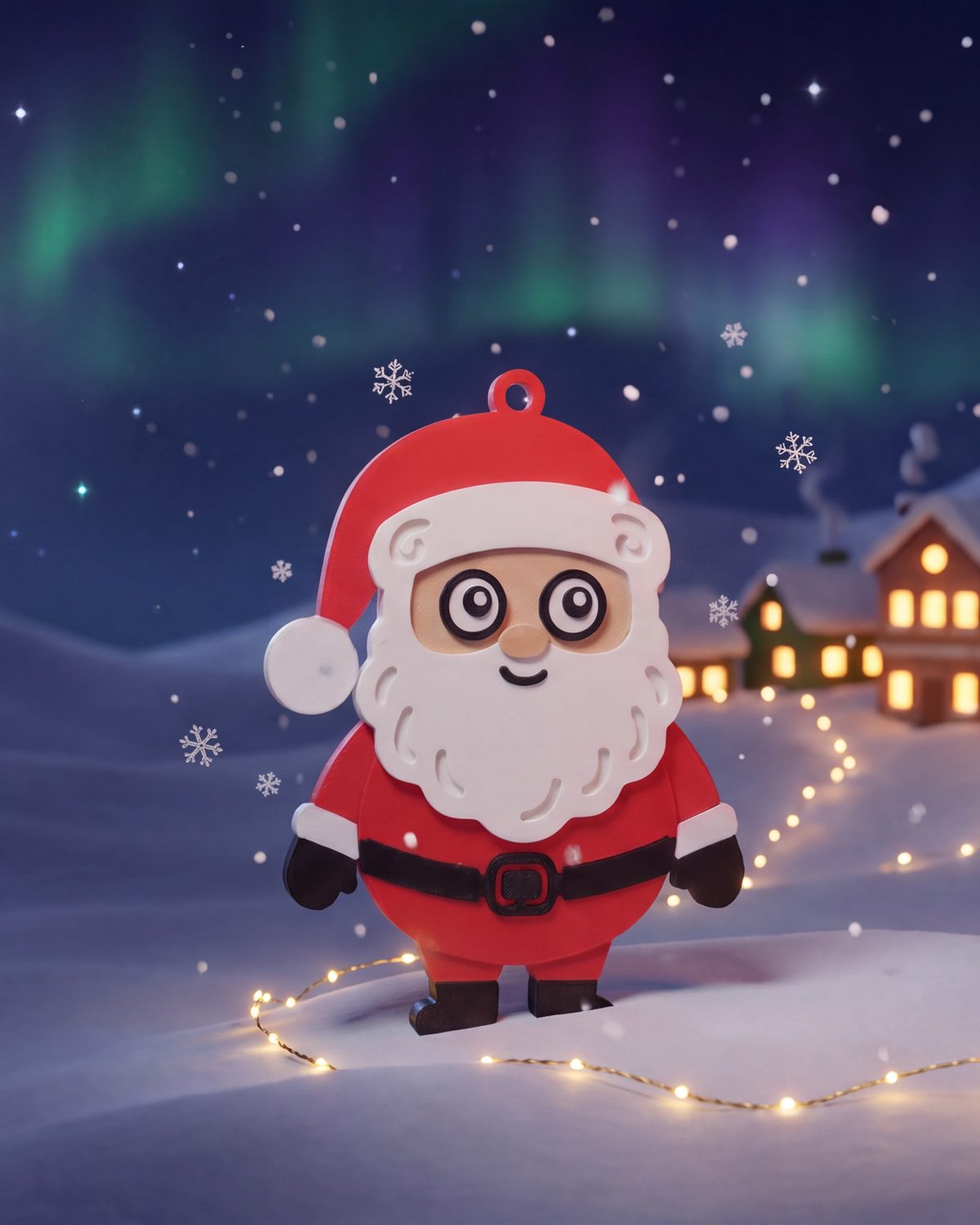 Le magnet Père Noël debout dans la neige, une nuit d'hiver, sous la lune et les aurores, devant un village illuminé