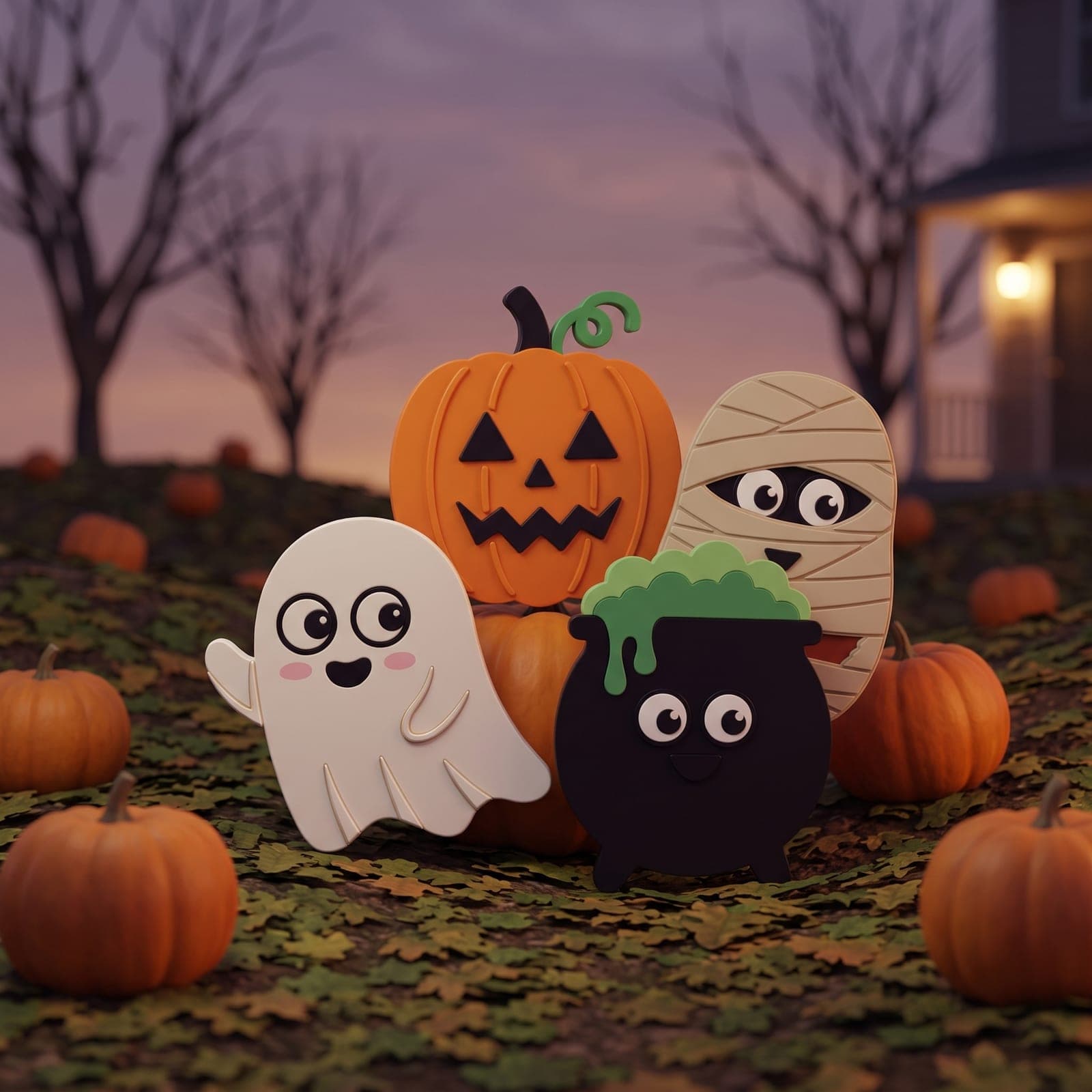 Les quatre magnets du calendrier d'Halloween : un fantôme, une citrouille, une momie et une marmite