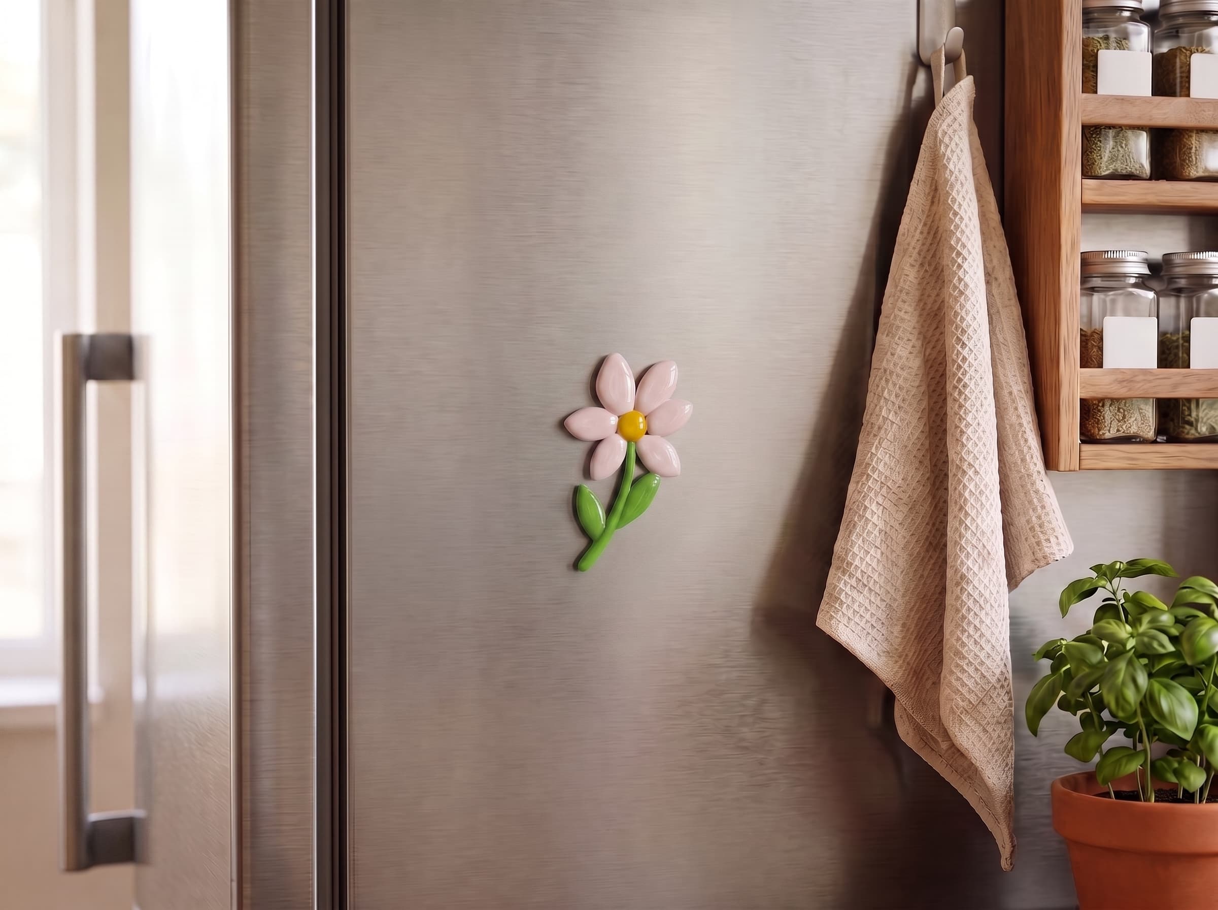 Le dessin original d'une fleur, avec juste au-dessus son magnet en relief 3D, collé sur un frigo