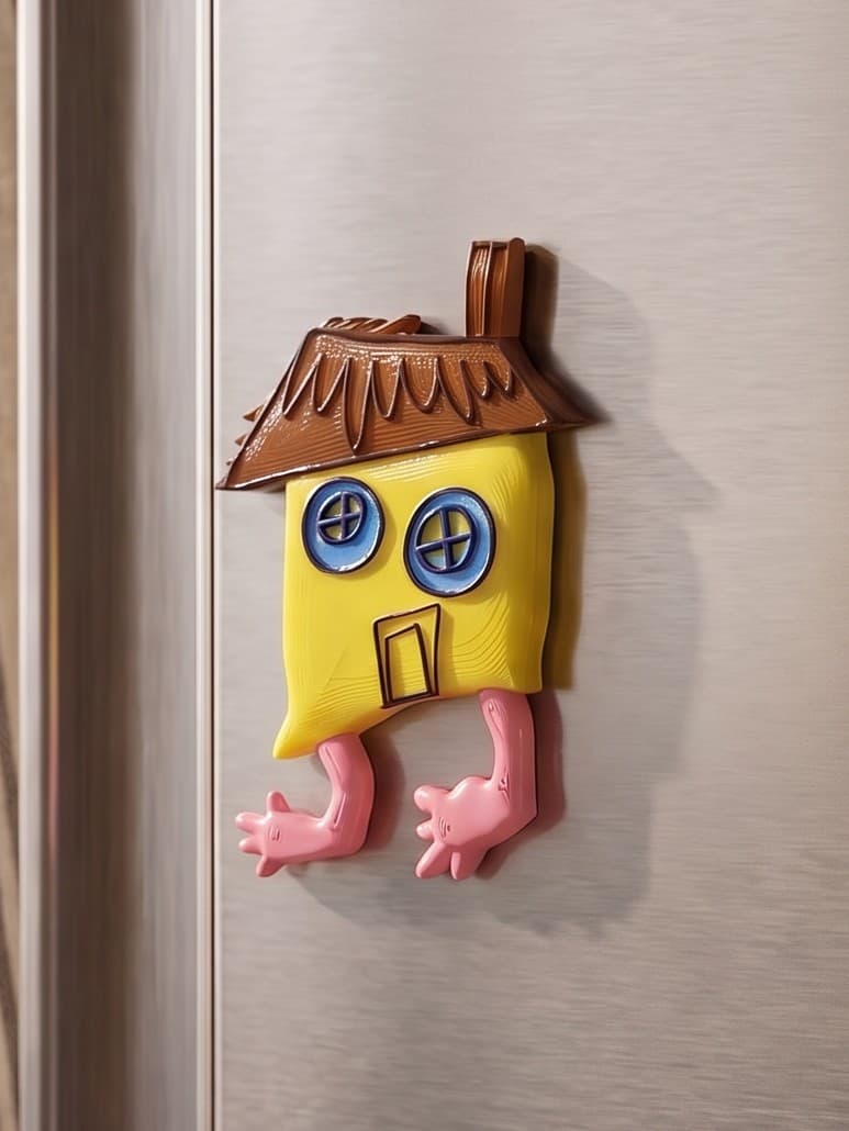 Le même dessin de maison, en magnet, collé sur un frigo