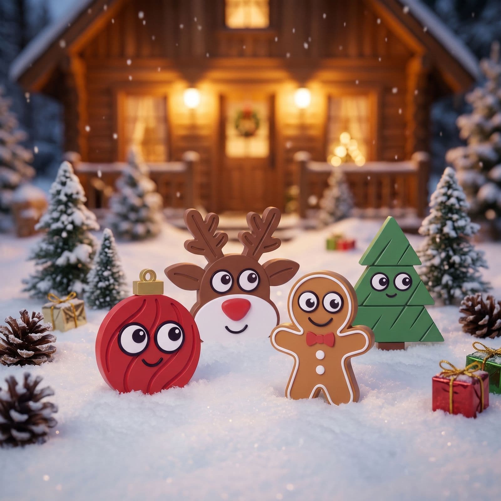 Les quatre magnets du calendrier de l'Avent : un renne, une boule de Noël, un biscuit et un sapin, debout dans la neige devant une maison illuminée