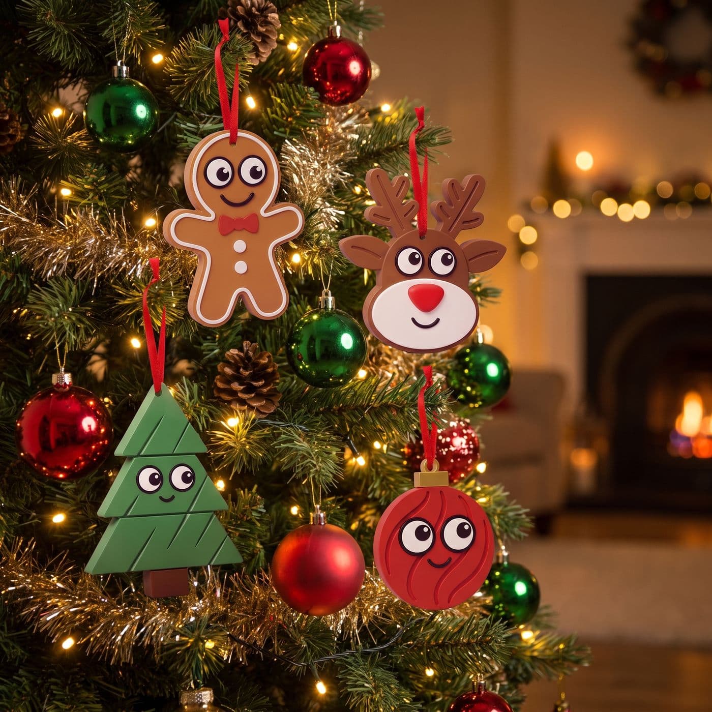 Les quatre magnets de Noël accrochés dans un sapin illuminé, près d'une cheminée